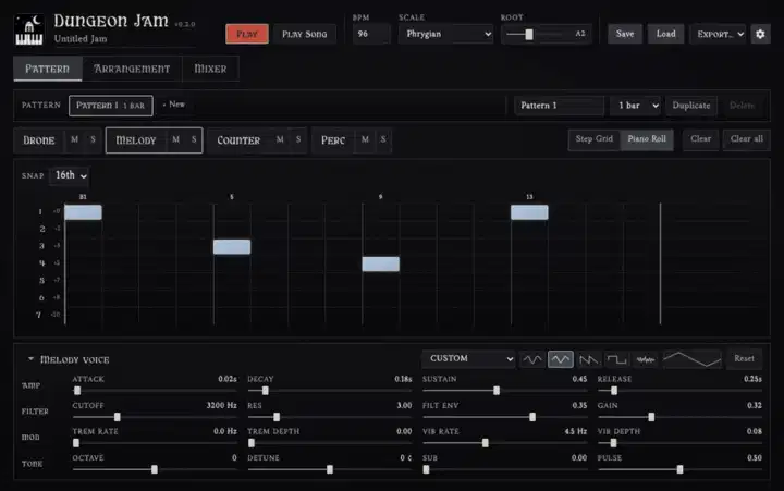 Sketching a dungeon-synth loop in the Dungeon Jam step sequencer