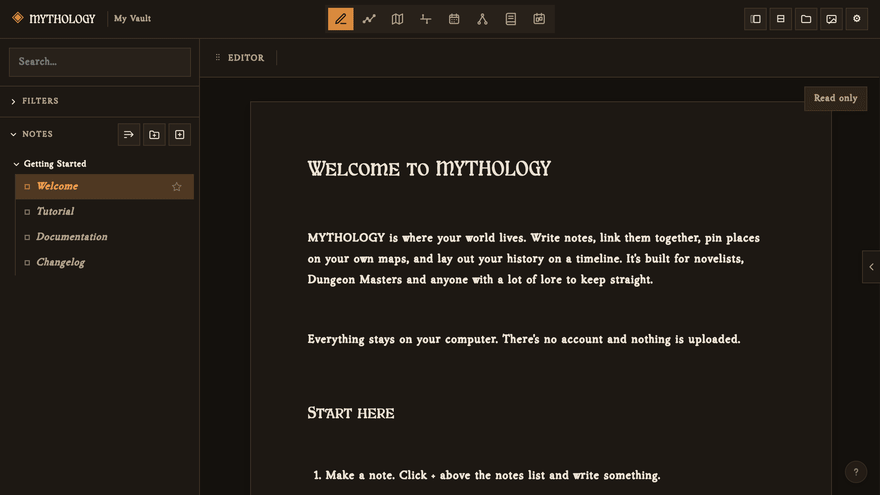 Linking a note, a map pin and a date, shown on the Map, Timeline and Calendar in Mythology
